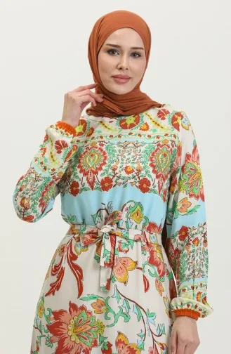 Alaçatı Robe Viscose Ceinturée Colorée à Motif 0384-02 Beige Moutarde 0384-02