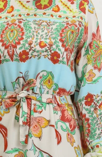 Alaçatı Robe Viscose Ceinturée Colorée à Motif 0384-02 Beige Moutarde 0384-02