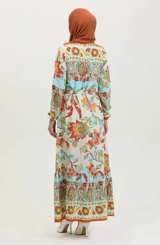 Alaçatı Robe Viscose Ceinturée Colorée à Motif 0384-02 Beige Moutarde 0384-02