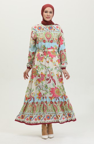 Alaçatı Pattern Colourful Belted Viscose Dress 0384-03 Beige Rose Dried 0384-03