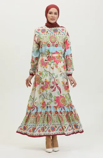 فستان فيسكوز منقوش  0384-03 بيج وردي فاتح 0384-03