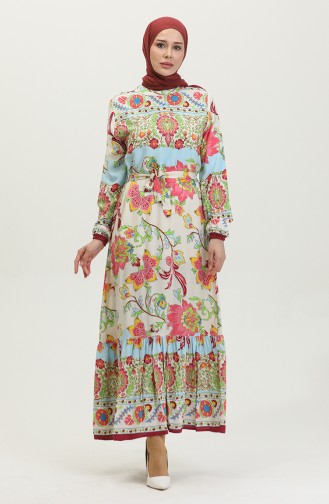 Alaçatı Pattern Colourful Belted Viscose Dress 0384-03 Beige Rose Dried 0384-03