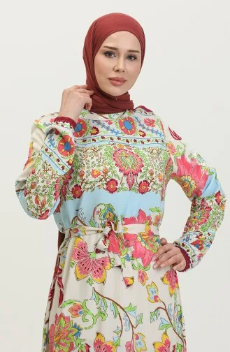 فستان فيسكوز منقوش 0384-03 بيج وردي فاتح 0384-03