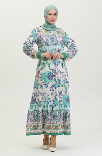 Alaçatı Pattern Colorful Belted Viscose Dress 0384-04 Beige Green 0384-04