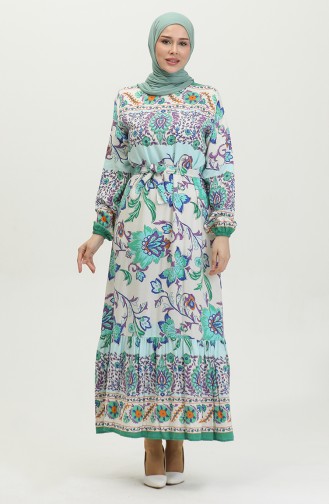 Alaçatı Pattern Colorful Belted Viscose Dress 0384-04 Beige Green 0384-04