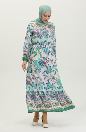 Alaçatı Pattern Colorful Belted Viscose Dress 0384-04 Beige Green 0384-04