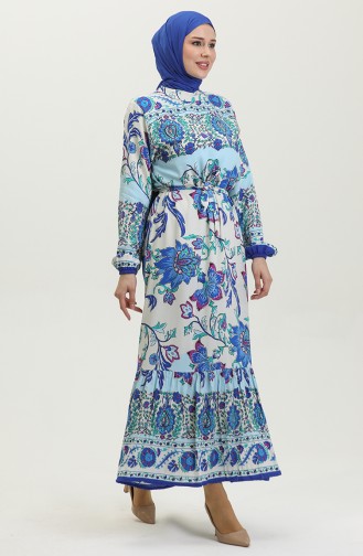 Alaçatı-Muster Farbiges Viskosekleid Mit Gürtel 0384-05 Beige Saks 0384-05