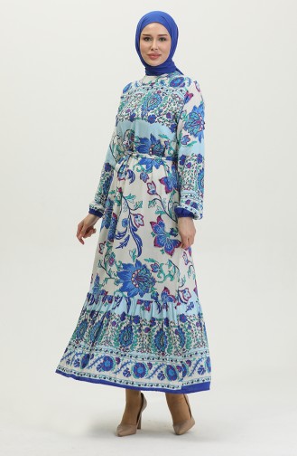 Alaçatı-Muster Farbiges Viskosekleid Mit Gürtel 0384-05 Beige Saks 0384-05
