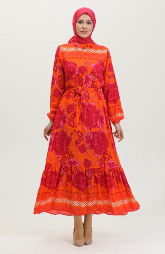 Robe A Motifs Grandes Fleurs Ceinturée 0386-02 Orange 0386-02