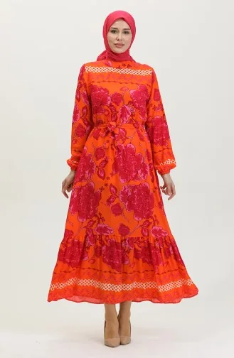 Viscose Jurk Met Riem En Grote Bloemenpatronen 0386-02 Oranje 0386-02