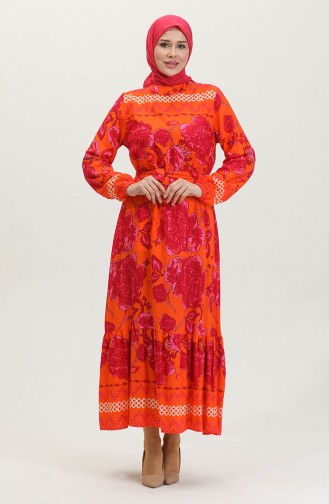 Robe A Motifs Grandes Fleurs Ceinturée 0386-02 Orange 0386-02