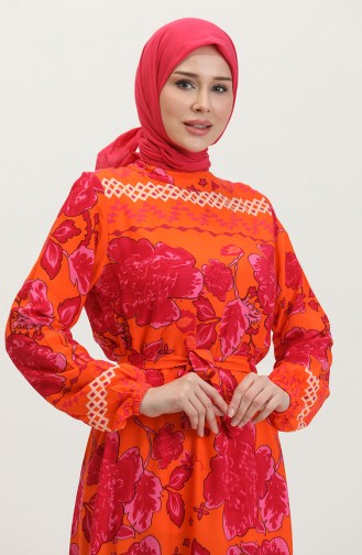 Robe A Motifs Grandes Fleurs Ceinturée 0386-02 Orange 0386-02
