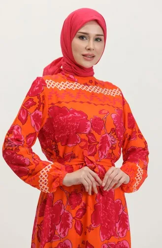 Viscose Jurk Met Riem En Grote Bloemenpatronen 0386-02 Oranje 0386-02