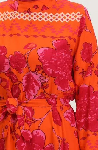 Viscose Jurk Met Riem En Grote Bloemenpatronen 0386-02 Oranje 0386-02