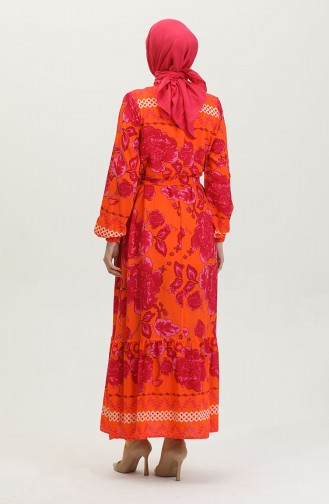 Robe A Motifs Grandes Fleurs Ceinturée 0386-02 Orange 0386-02