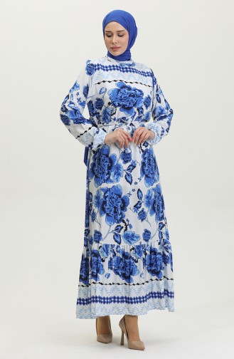 فستان فيسكوز منقوش بحزام 0386-03 أزرق ملكي 0386-03