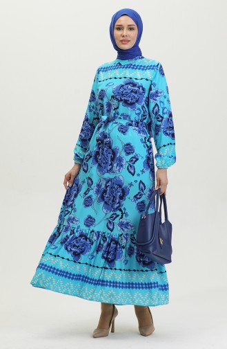 Viscose Jurk Met Riem En Grote Bloemenpatroon 0386-05 Turkoois 0386-05