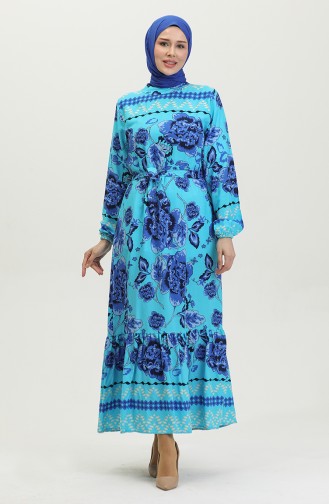 Viscose Big Flower Patterned Belted Dress 0386-05 Turquoise 0386-05
