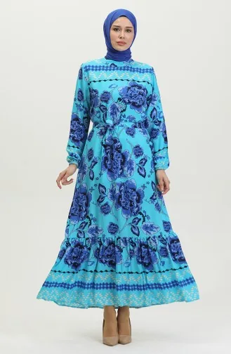 Viscose Jurk Met Riem En Grote Bloemenpatroon 0386-05 Turkoois 0386-05