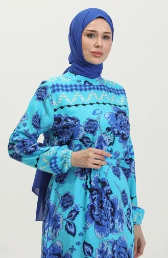 Viscose Jurk Met Riem En Grote Bloemenpatroon 0386-05 Turkoois 0386-05
