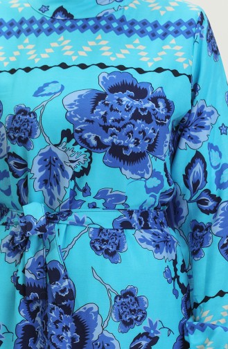 Viscose Big Flower Patterned Belted Dress 0386-05 Turquoise 0386-05