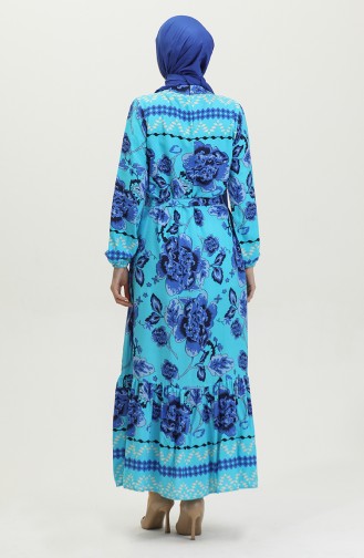 Viscose Big Flower Patterned Belted Dress 0386-05 Turquoise 0386-05