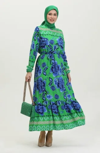 Viskon Büyük Çiçek Desenli Kuşaklı Elbise 0386-01 Yeşil