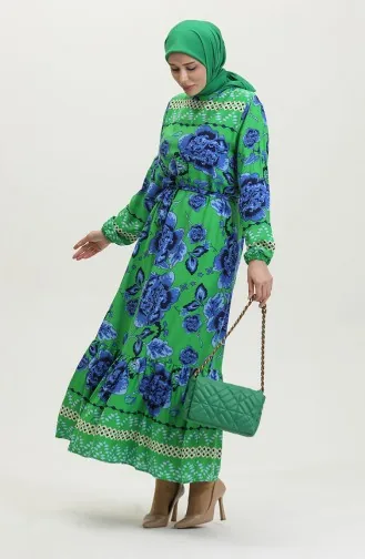 Viskon Büyük Çiçek Desenli Kuşaklı Elbise 0386-01 Yeşil