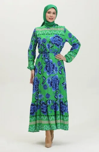 Viskon Büyük Çiçek Desenli Kuşaklı Elbise 0386-01 Yeşil
