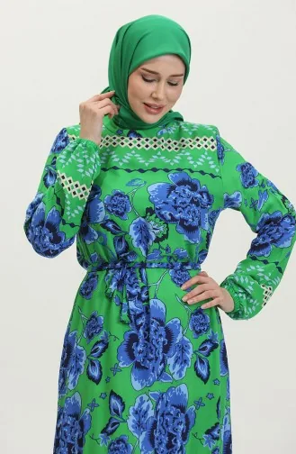 Viskon Büyük Çiçek Desenli Kuşaklı Elbise 0386-01 Yeşil