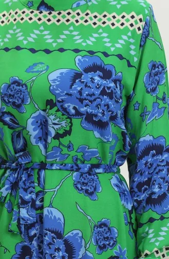 Viskon Büyük Çiçek Desenli Kuşaklı Elbise 0386-01 Yeşil