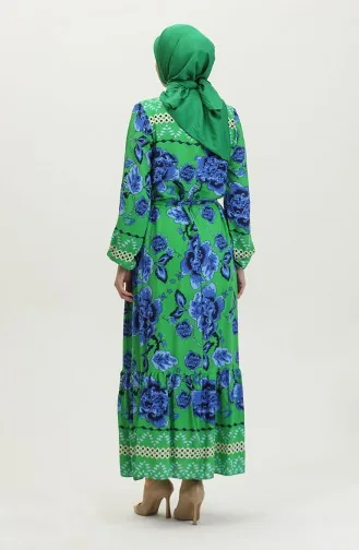 Viskon Büyük Çiçek Desenli Kuşaklı Elbise 0386-01 Yeşil