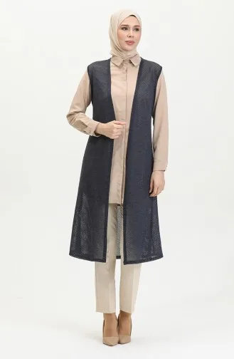 Effen Zwierig Licht Zilverachtig Lang Vest 8720-02 Marineblauw 8720-02