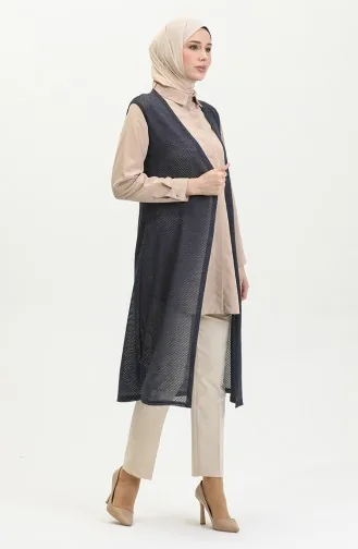 Effen Zwierig Licht Zilverachtig Lang Vest 8720-02 Marineblauw 8720-02