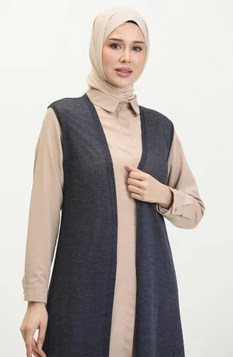 Effen Zwierig Licht Zilverachtig Lang Vest 8720-02 Marineblauw 8720-02