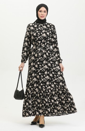 Robe Ceinturée A Motifs Roses 0392-03 Noir 0392-03