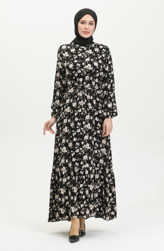 Robe Ceinturée A Motifs Roses 0392-03 Noir 0392-03