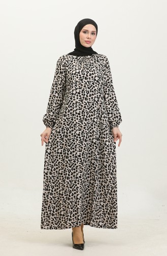فستان فيسكوز مُطبع بمقاسات كبيرة 44852D-01 لون اسود وبيج 44852D-01