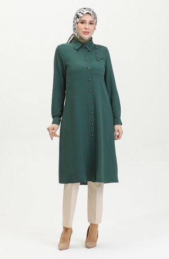 Düğmeli Tunik 1015-01 Zümrüt Yeşili
