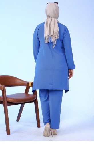 طقم تونيك نسائي مقاس كبير بحجاب مزدوج وأزرار 5079 نيلي 5079.İndigo