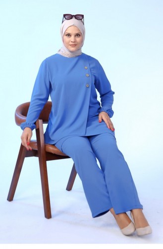 طقم تونيك نسائي مقاس كبير بحجاب مزدوج وأزرار 5079 نيلي 5079.İndigo