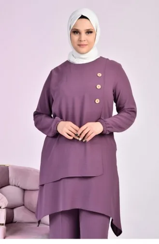 Costume Tunique Double Hijab Boutonné Grande Taille Pour Femme 5079 Lilas 5079.Lila