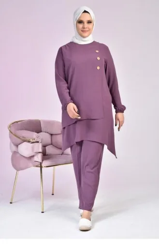 Costume Tunique Double Hijab Boutonné Grande Taille Pour Femme 5079 Lilas 5079.Lila
