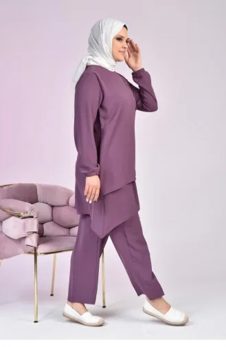 Costume Tunique Double Hijab Boutonné Grande Taille Pour Femme 5079 Lilas 5079.Lila