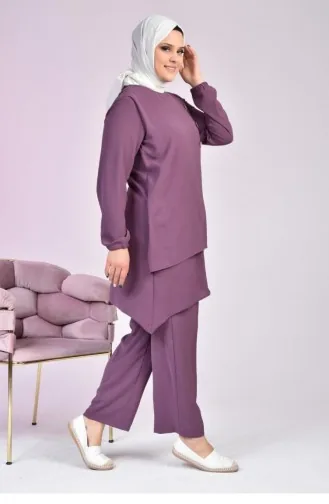 Costume Tunique Double Hijab Boutonné Grande Taille Pour Femme 5079 Lilas 5079.Lila
