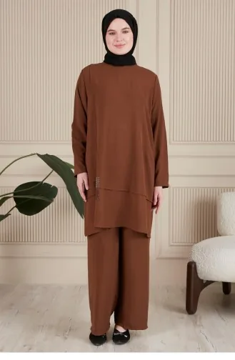 Women`s Hijab Clothing Large Size Hijab Double Suit Ayrobin Trousers Tunic Suit 8689 Brown 8689.Kahverengi