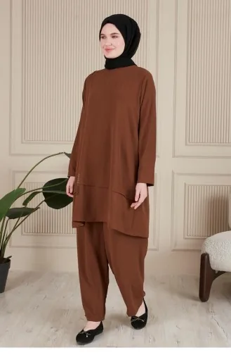 Women`s Hijab Clothing Large Size Hijab Double Suit Ayrobin Trousers Tunic Suit 8689 Brown 8689.Kahverengi