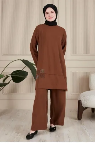 Women`s Hijab Clothing Large Size Hijab Double Suit Ayrobin Trousers Tunic Suit 8689 Brown 8689.Kahverengi