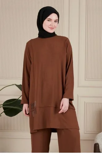 Women`s Hijab Clothing Large Size Hijab Double Suit Ayrobin Trousers Tunic Suit 8689 Brown 8689.Kahverengi
