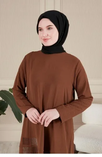 Women`s Hijab Clothing Large Size Hijab Double Suit Ayrobin Trousers Tunic Suit 8689 Brown 8689.Kahverengi